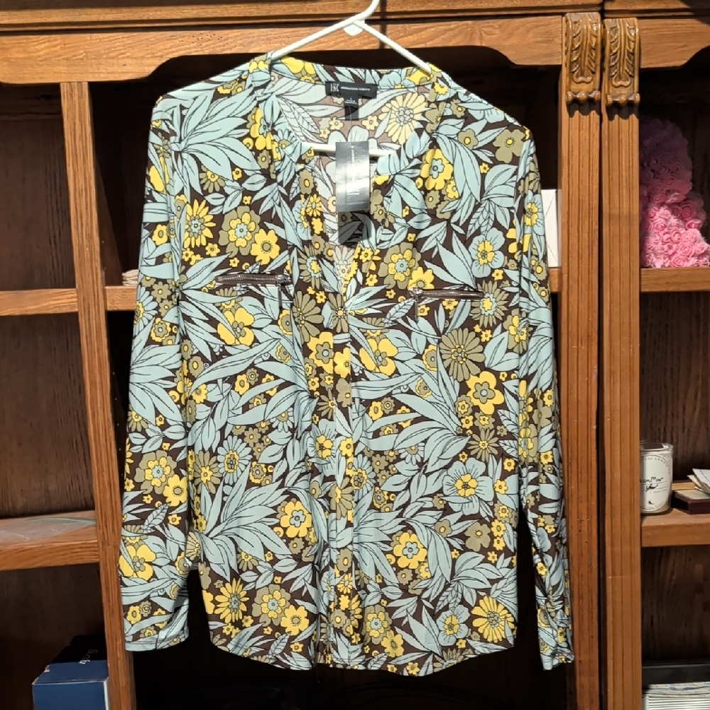 INC International Concepts Floral Blouse - Yellow and Light Blue